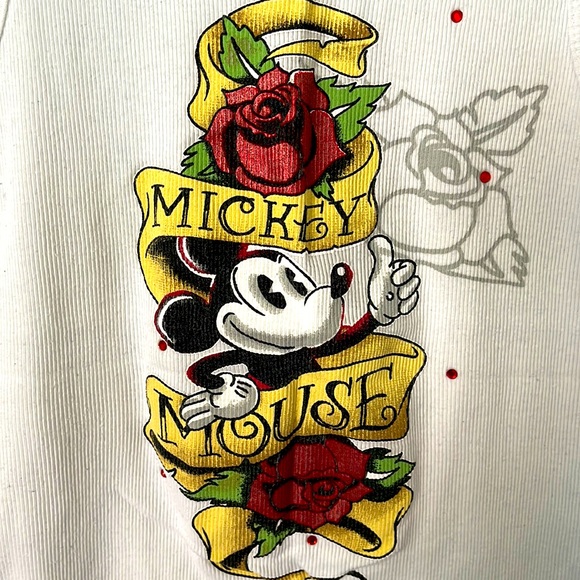 DISNEY | Women’s White Mickey Mouse Tatoo Style Bling Graphic Tank Top Sz Large - Picture 6 of 7